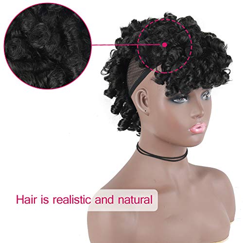 Oseti Mohawk Wigs for Black Women Cute and Curly Mohawk Ponytail with Bangs Clip in Hair Extension Afro Faux Hawks Hairpieces, Clip-on Mohawk Hair for African American Fake Ponytail Wig (1B)