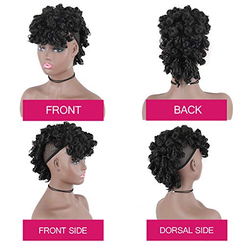 Oseti Mohawk Wigs for Black Women Cute and Curly Mohawk Ponytail with Bangs Clip in Hair Extension Afro Faux Hawks Hairpieces, Clip-on Mohawk Hair for African American Fake Ponytail Wig (1B)