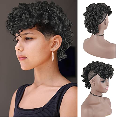 Oseti Mohawk Wigs for Black Women Cute and Curly Mohawk Ponytail with Bangs Clip in Hair Extension Afro Faux Hawks Hairpieces, Clip-on Mohawk Hair for African American Fake Ponytail Wig (1B)