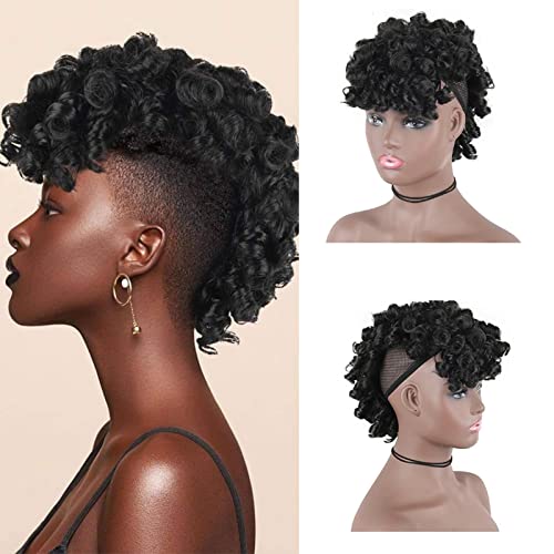 Oseti Mohawk Wigs for Black Women Cute and Curly Mohawk Ponytail with Bangs Clip in Hair Extension Afro Faux Hawks Hairpieces, Clip-on Mohawk Hair for African American Fake Ponytail Wig (1B)