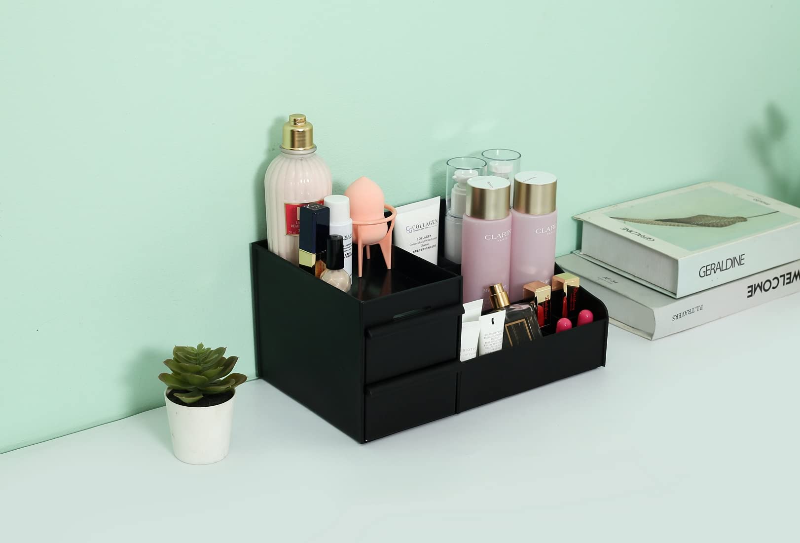 Simbuy Makeup Organizer for Vanity, Bathroom Countertop Organizer with Drawers for Cosmetics, Cologne, Skin Care Deodorant, Shaving Lotion (Black).