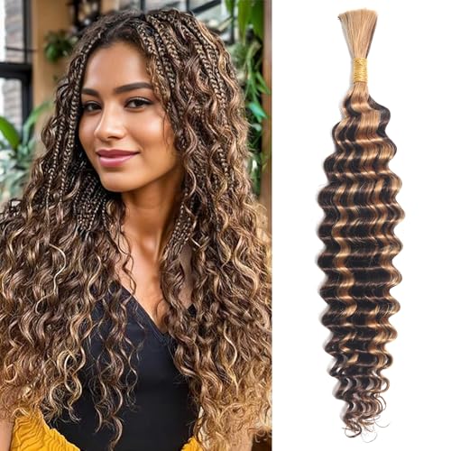 Human Braiding Hair Deep Wave Bulk Human Hair for Braiding No Weft 12A Brazilian Virgin Curly Human Hair Extensions for Boho Braids Wet and Wavy Human Hair Braiding Hair (4/27 -Deep Wave, 16/50g)