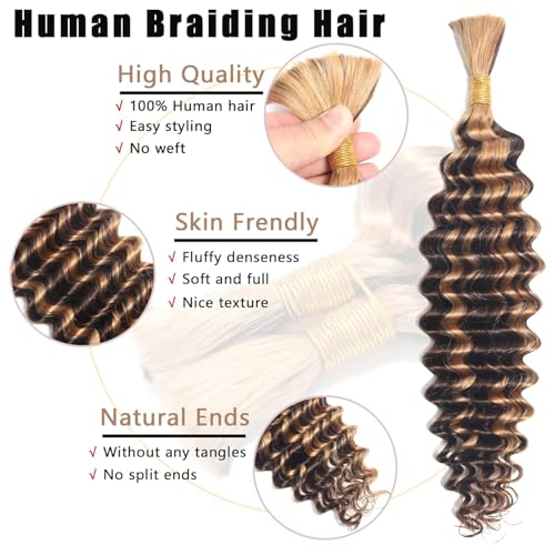 Human Braiding Hair Deep Wave Bulk Human Hair for Braiding No Weft 12A Brazilian Virgin Curly Human Hair Extensions for Boho Braids Wet and Wavy Human Hair Braiding Hair (4/27 -Deep Wave, 16/50g)