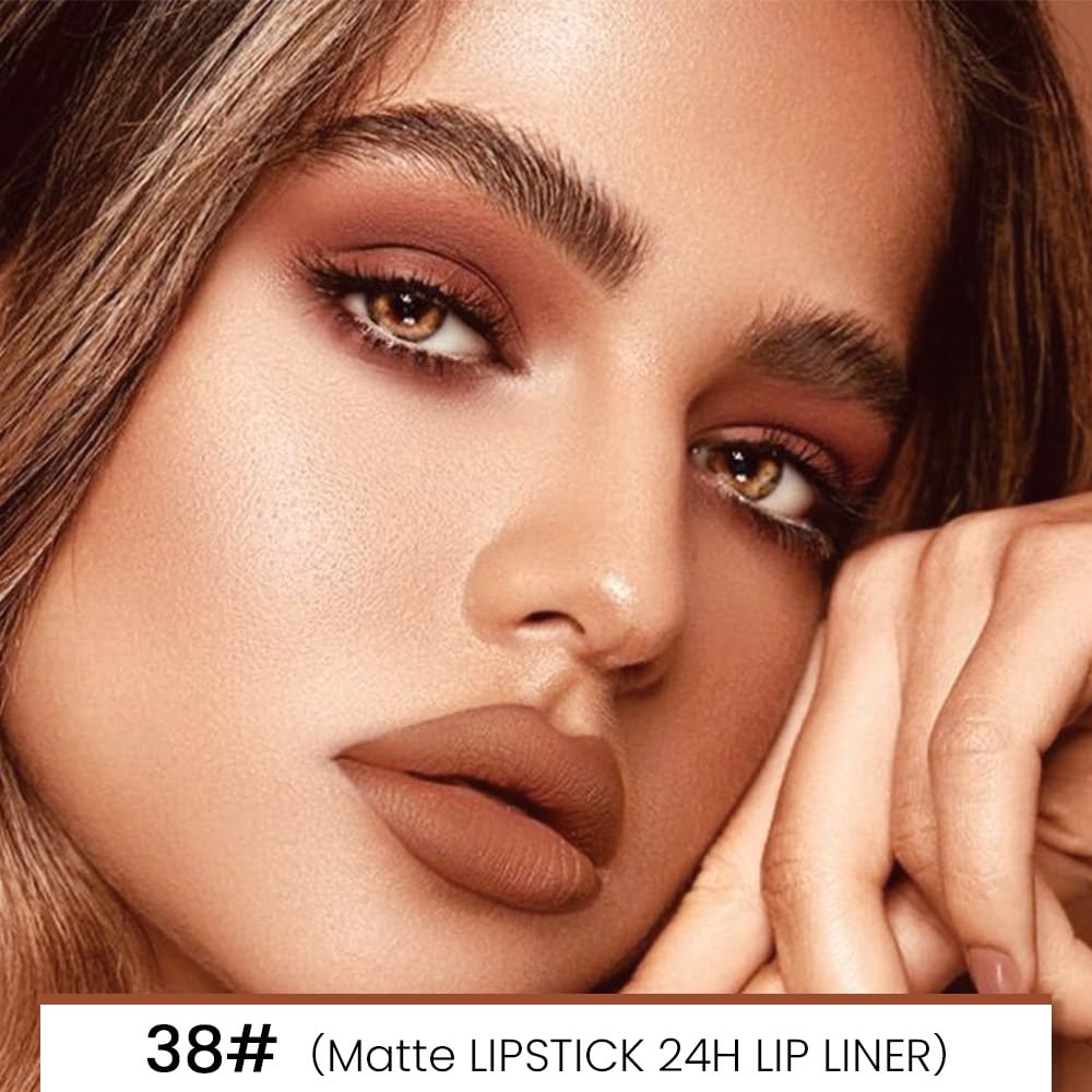 Kaely 2in1 Brown Matte Lip Liner & Lipstick Combo Set Kit for Women, DNM Magic Neutral Lipstick 24 Hours Original Lipstick and Lips Liner Pencil Stain Gloss Plumper Makeup Long Lasting Waterproof 38