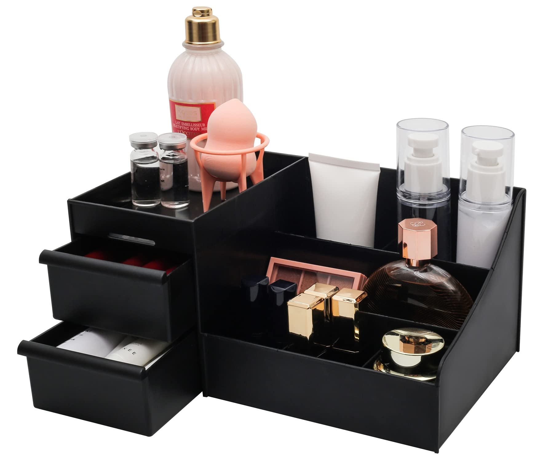 Simbuy Makeup Organizer for Vanity, Bathroom Countertop Organizer with Drawers for Cosmetics, Cologne, Skin Care Deodorant, Shaving Lotion (Black).
