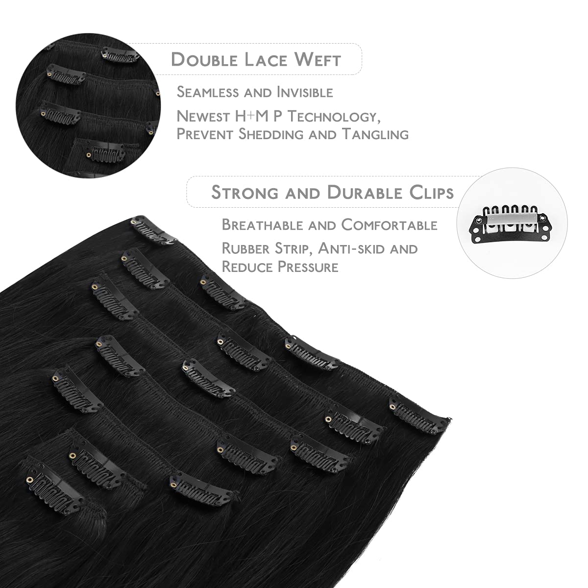 WENNALIFE Clip in Hair Extensions Real Human Hair, 20 Inch 120g 7pcs Human Hair Extensions Clip In Human Hair, Jet Black Hair Extensions Clip In Real Hair Coloured Remy Human Hair Extensions