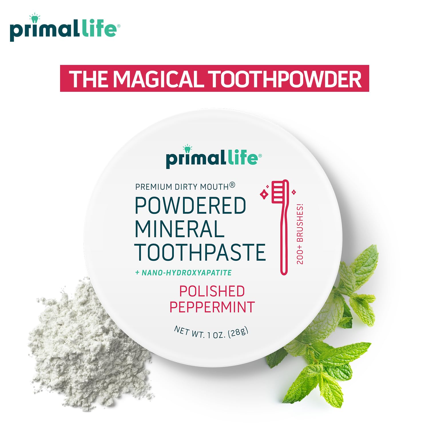 Primal Life Organics - Dirty Mouth Toothpowder, Tooth Cleaning Powder, Flavored Essential Oils with Natural Kaolin & Bentonite Clay, Good for 200+ Brushings, Paleo, Organic, Vegan (Peppermint, 1 oz)