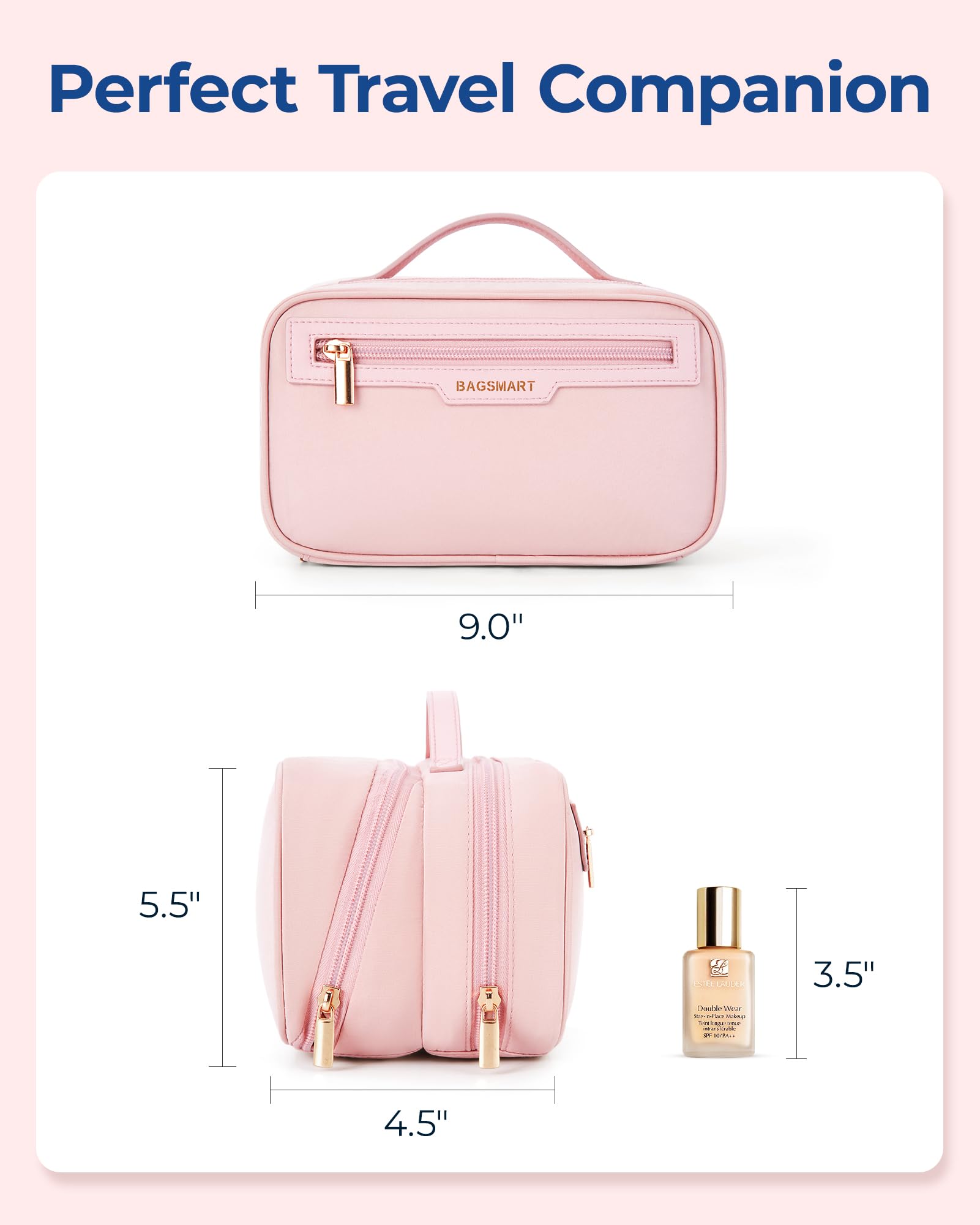 BAGSMART Travel Makeup Bag Large Capacity Cosmetic Bag, Wide-open Portable Make Up Bag Organizer for Women for Travel Essentials Travel-Size Toiletries Accessories Bottles, Brushes, Pink