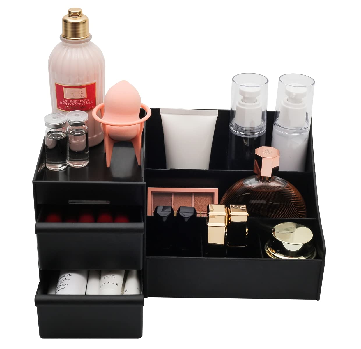 Simbuy Makeup Organizer for Vanity, Bathroom Countertop Organizer with Drawers for Cosmetics, Cologne, Skin Care Deodorant, Shaving Lotion (Black).