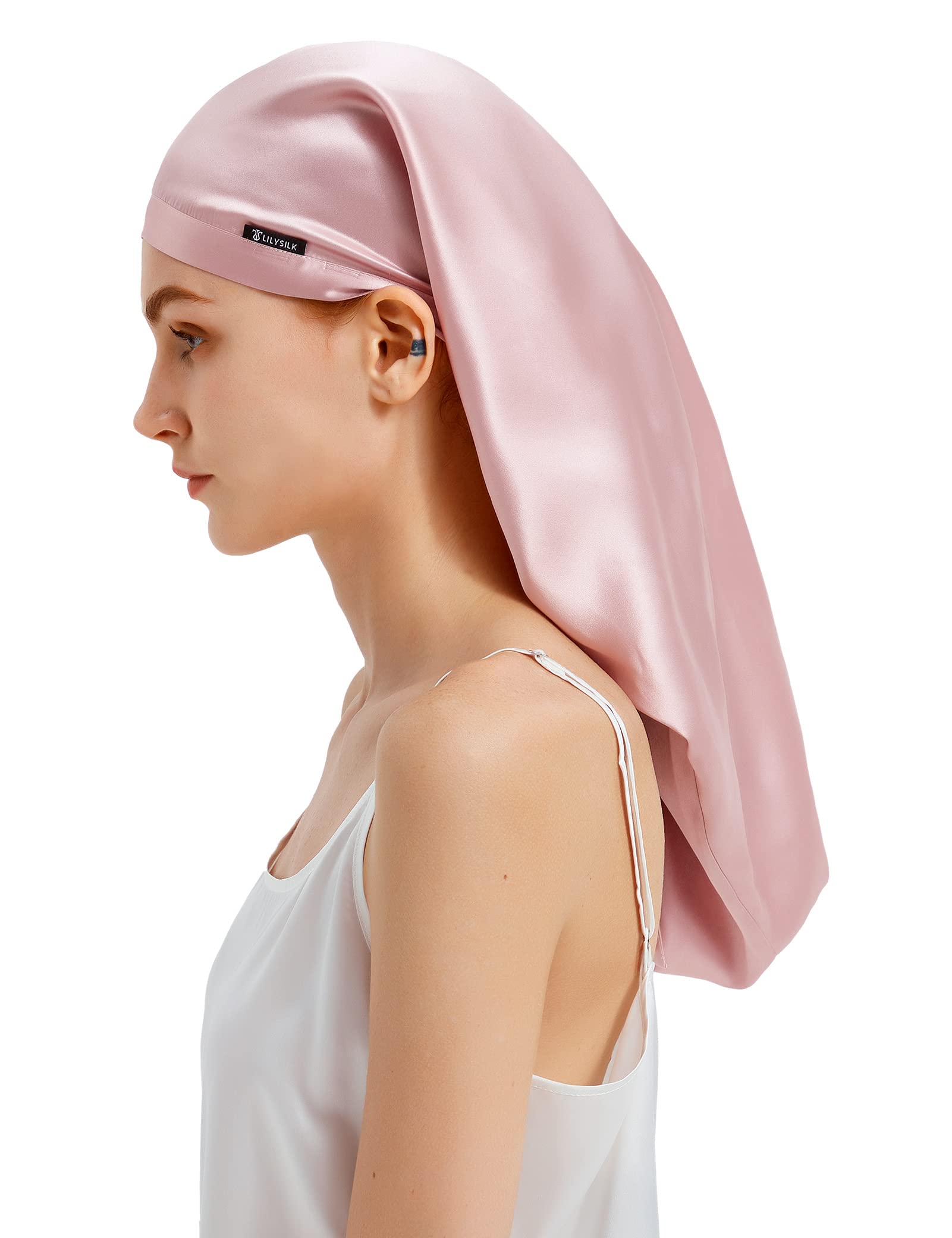 LilySilk Mulberry Silk Sleep Cap 100% 19 Momme Long Silk Bonnet for Curly Hair, Night Cap for Sleeping, Silk Hair Wrap for Women Rosy Pink