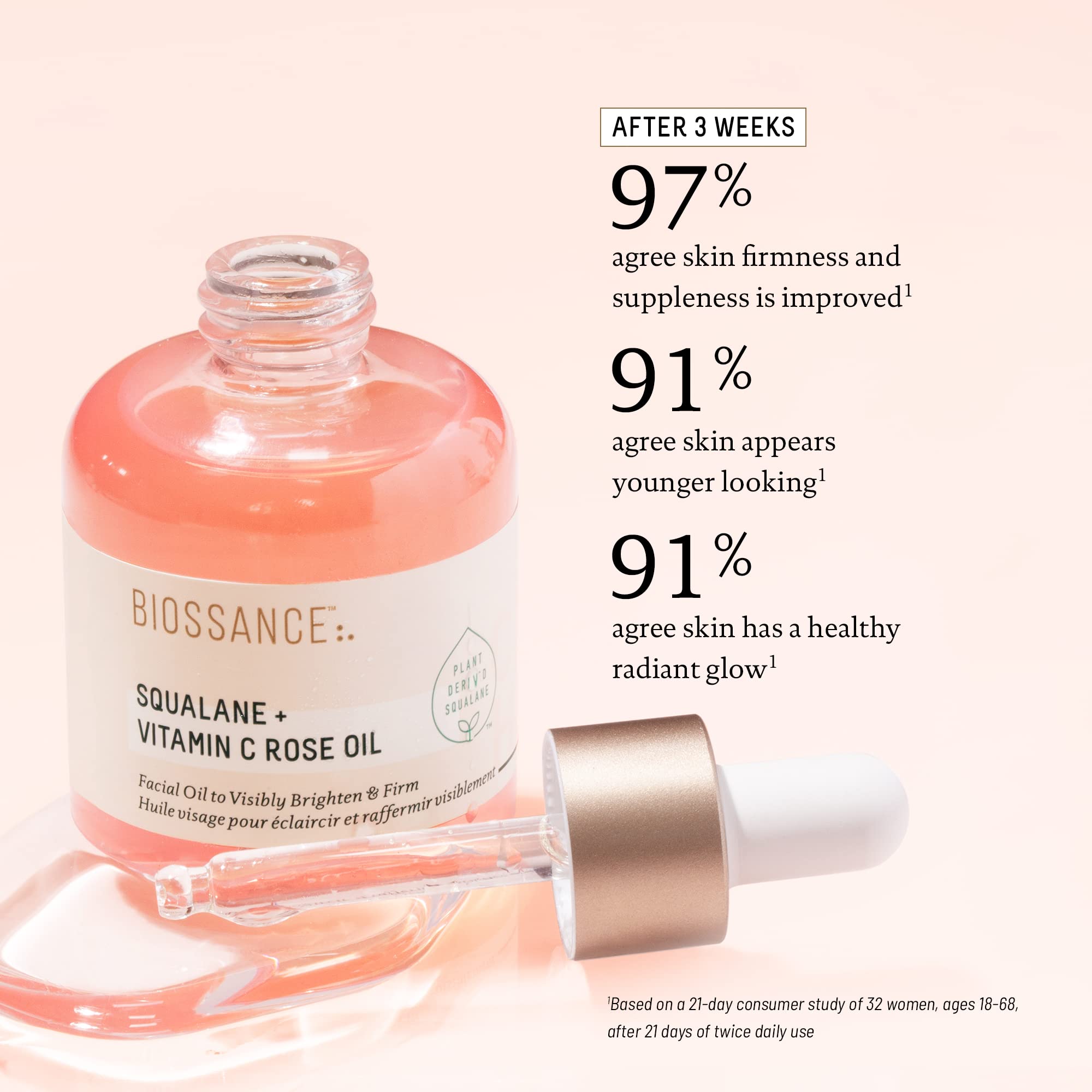 Biossance Squalane + Vitamin C Rose Oil, Advanced Facial Oil - Brightening, Firming, and Hydrating Serum for All Skin Types - Chios Crystal Oil, Damascus Rose Extract & Squalane for Radiance - 0.5oz