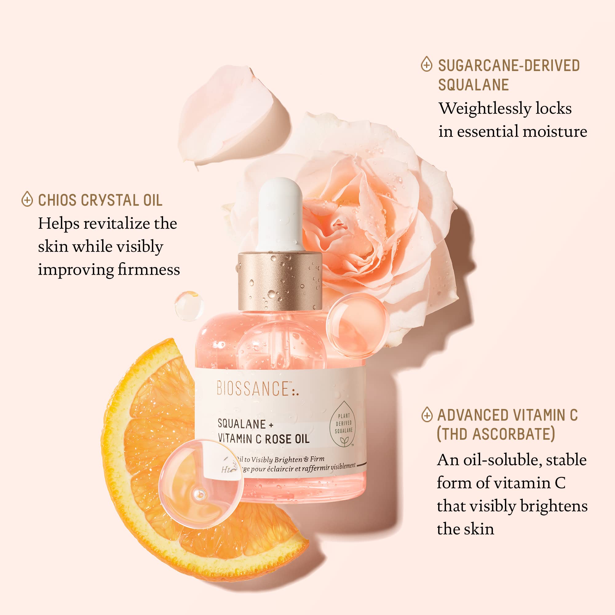 Biossance Squalane + Vitamin C Rose Oil, Advanced Facial Oil - Brightening, Firming, and Hydrating Serum for All Skin Types - Chios Crystal Oil, Damascus Rose Extract & Squalane for Radiance - 0.5oz