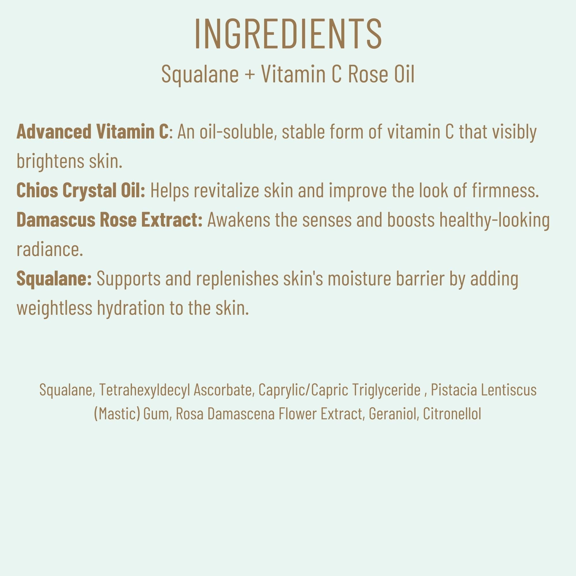Biossance Squalane + Vitamin C Rose Oil, Advanced Facial Oil - Brightening, Firming, and Hydrating Serum for All Skin Types - Chios Crystal Oil, Damascus Rose Extract & Squalane for Radiance - 0.5oz