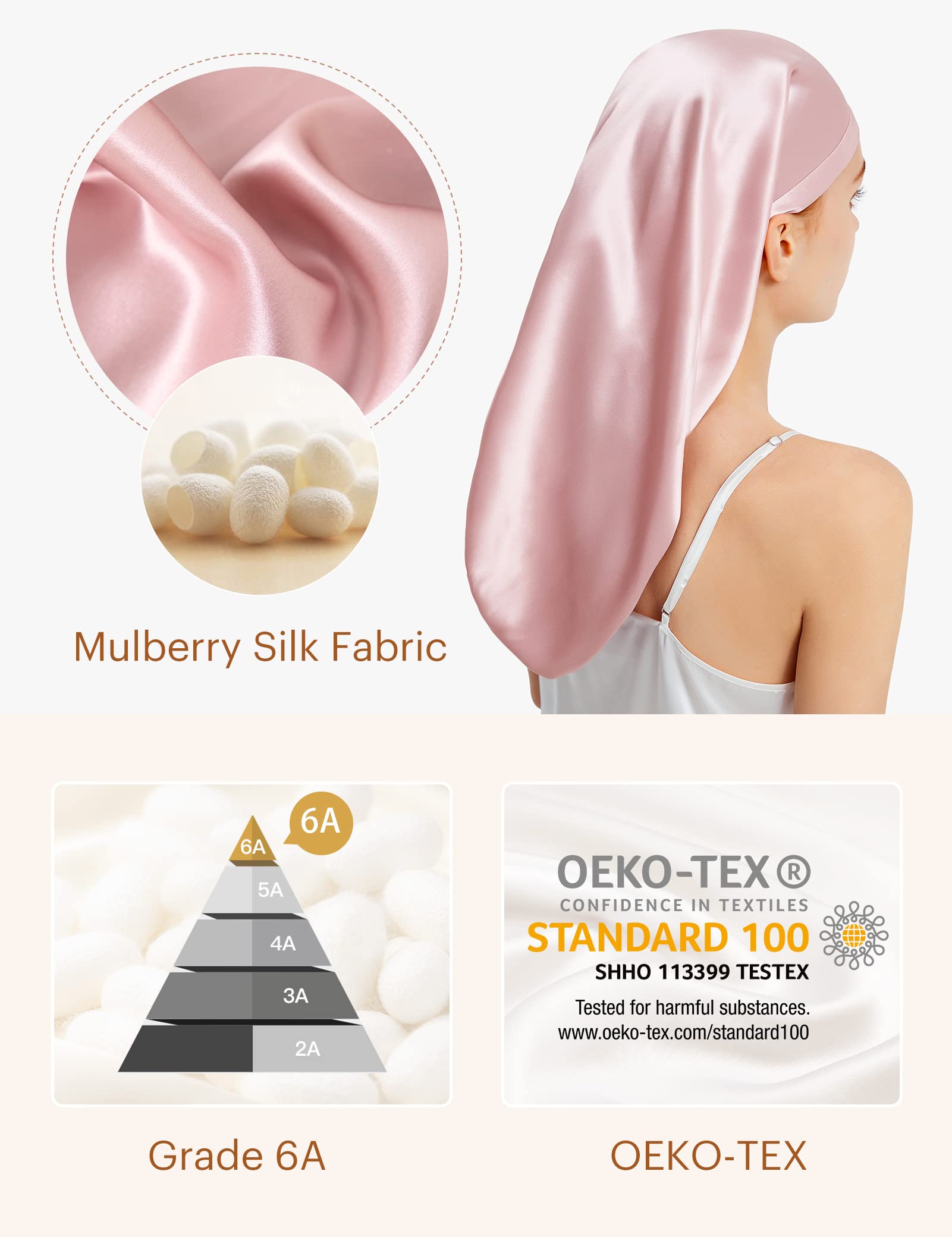 LilySilk Mulberry Silk Sleep Cap 100% 19 Momme Long Silk Bonnet for Curly Hair, Night Cap for Sleeping, Silk Hair Wrap for Women Rosy Pink