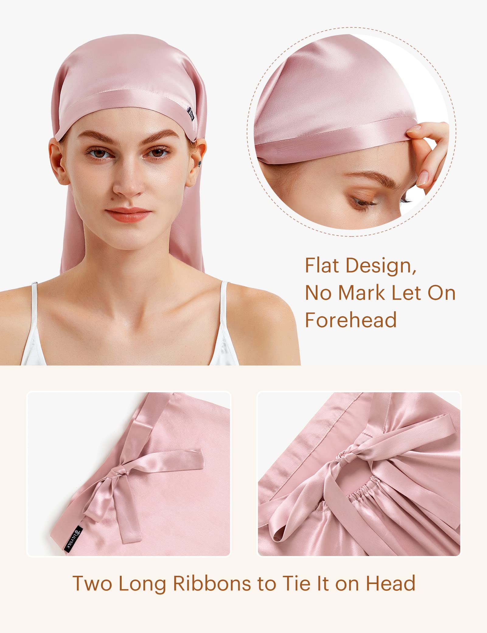 LilySilk Mulberry Silk Sleep Cap 100% 19 Momme Long Silk Bonnet for Curly Hair, Night Cap for Sleeping, Silk Hair Wrap for Women Rosy Pink