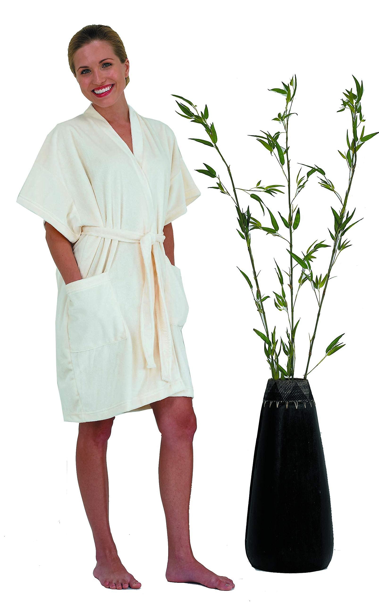 Canyon Rose Cloud 9 Women's Plush Microfiber Short Sleeve Knee Length Robe, Kimono Style Wrap, Lightweight, Side Pockets, Waist Belt with Bi-Level Loops, 36 Inch Length, Soothing Sand