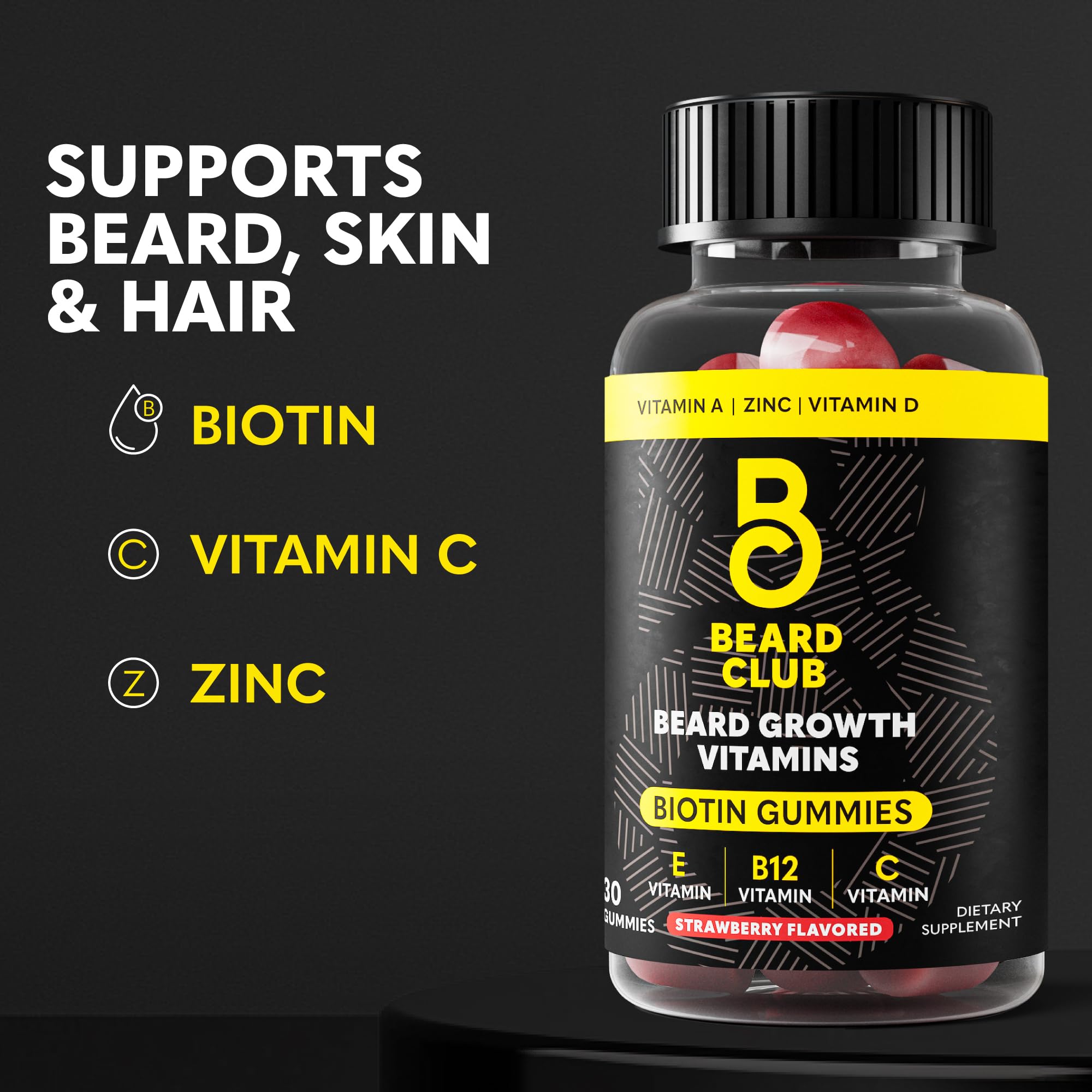 The Beard Club Biotin Beard Growth Vitamin Gummies - Beard and Hair Supplement for Men - Vitamins B12, E, & C to Support a Thicker Fuller Looking Beard - Mens Beard Care - Strawberry Gummy