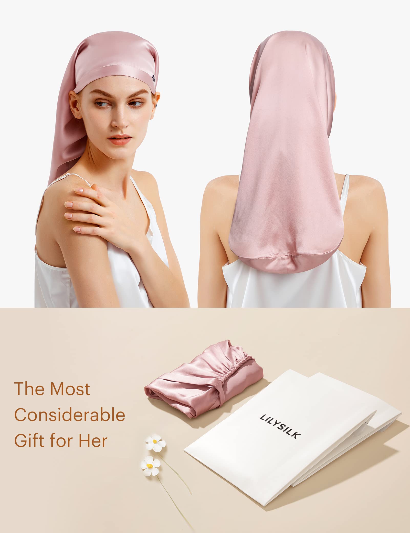 LilySilk Mulberry Silk Sleep Cap 100% 19 Momme Long Silk Bonnet for Curly Hair, Night Cap for Sleeping, Silk Hair Wrap for Women Rosy Pink