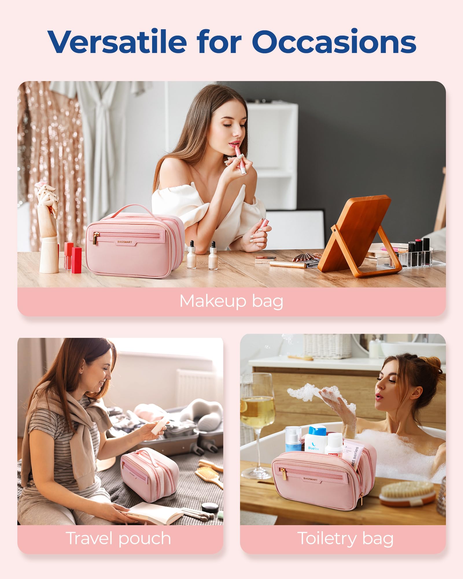 BAGSMART Travel Makeup Bag Large Capacity Cosmetic Bag, Wide-open Portable Make Up Bag Organizer for Women for Travel Essentials Travel-Size Toiletries Accessories Bottles, Brushes, Pink