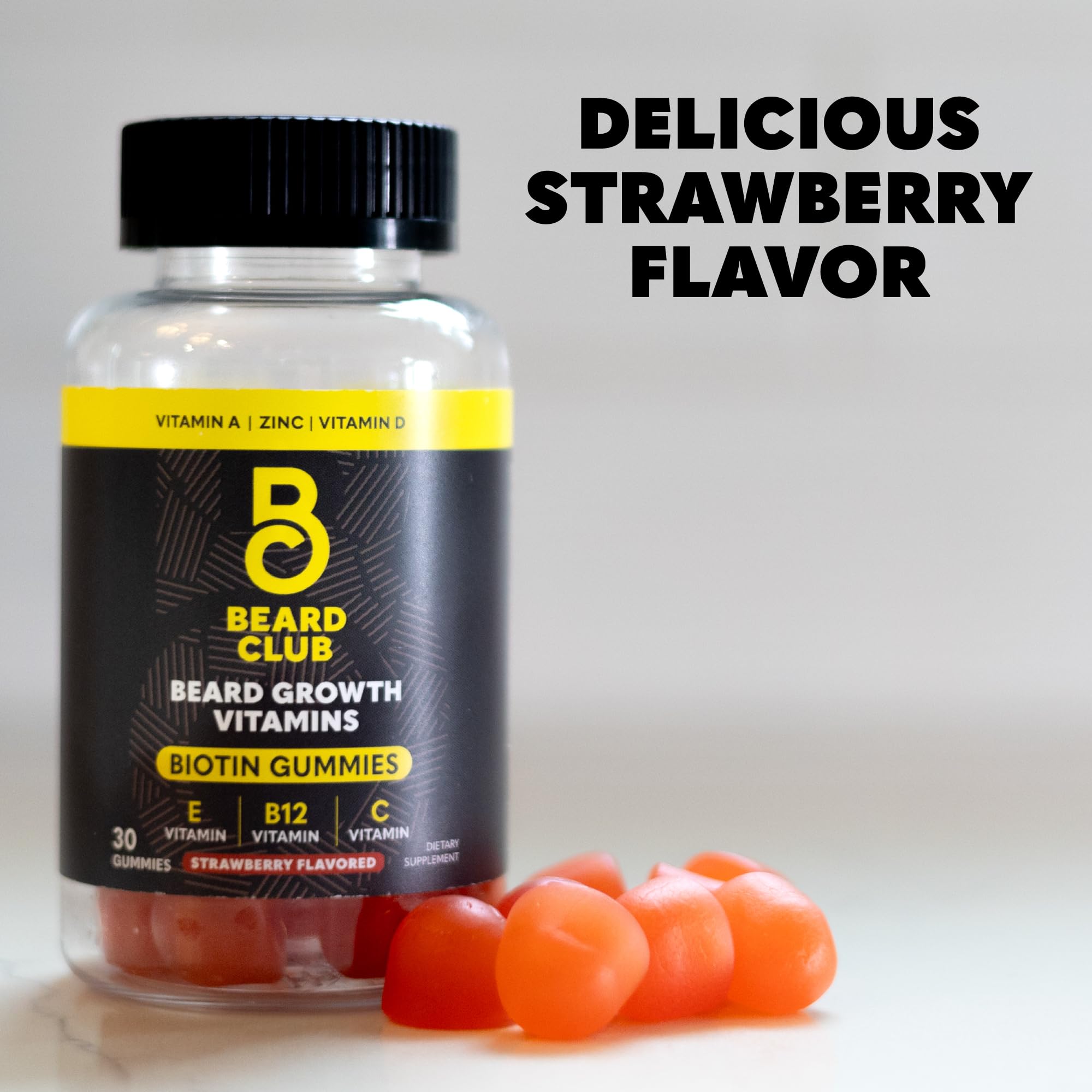 The Beard Club Biotin Beard Growth Vitamin Gummies - Beard and Hair Supplement for Men - Vitamins B12, E, & C to Support a Thicker Fuller Looking Beard - Mens Beard Care - Strawberry Gummy