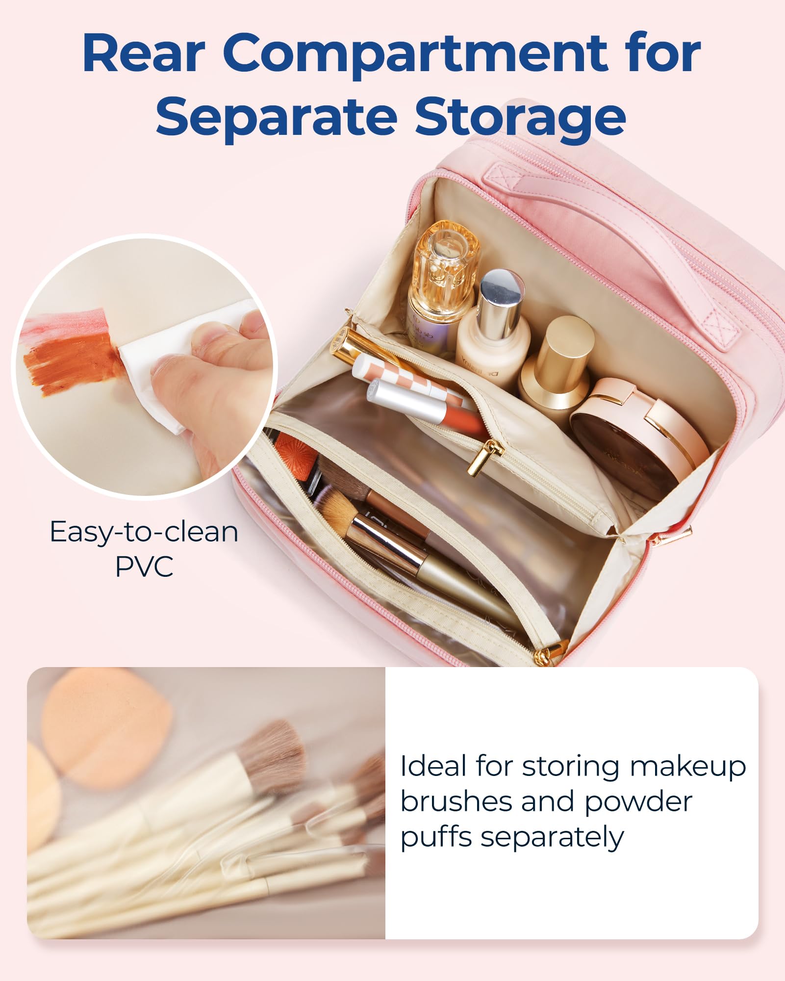 BAGSMART Travel Makeup Bag Large Capacity Cosmetic Bag, Wide-open Portable Make Up Bag Organizer for Women for Travel Essentials Travel-Size Toiletries Accessories Bottles, Brushes, Pink