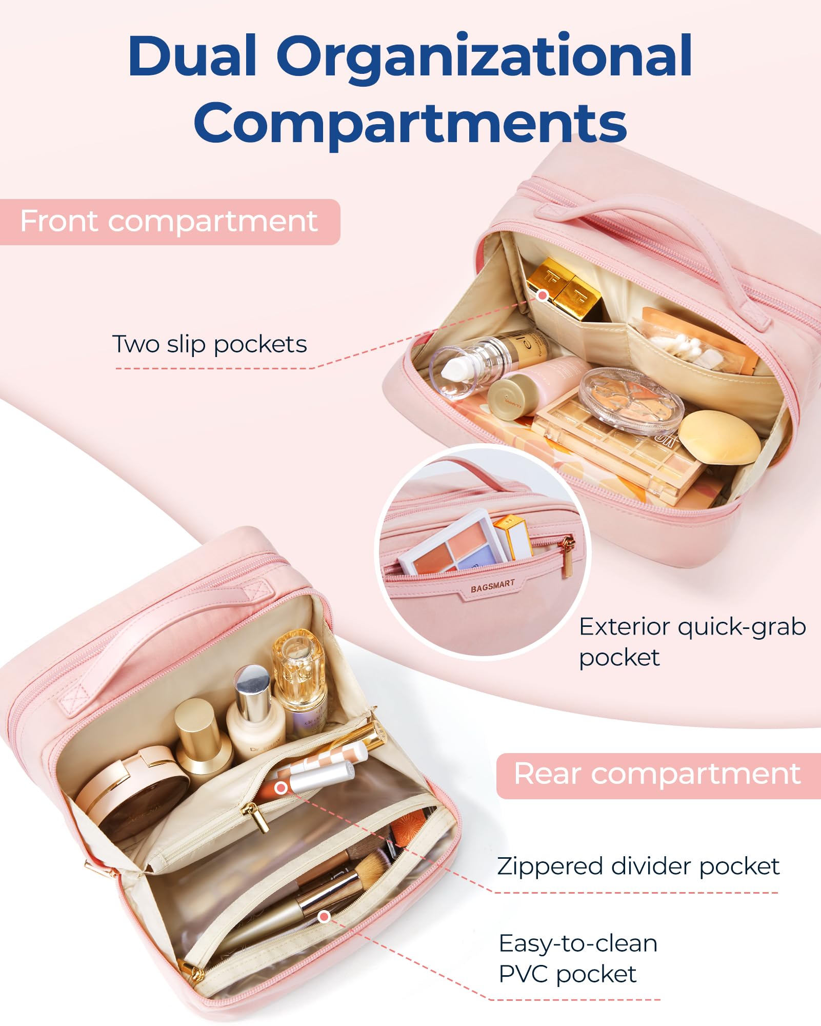 BAGSMART Travel Makeup Bag Large Capacity Cosmetic Bag, Wide-open Portable Make Up Bag Organizer for Women for Travel Essentials Travel-Size Toiletries Accessories Bottles, Brushes, Pink