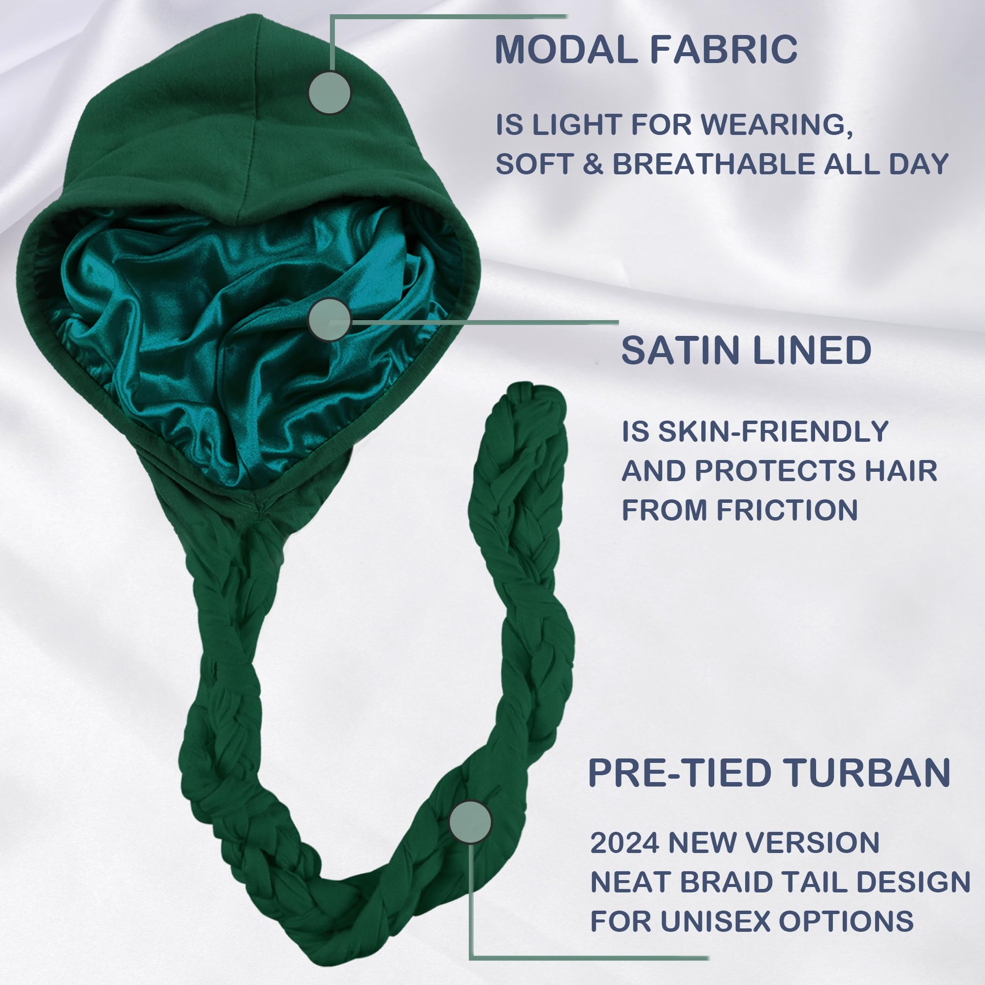 Babalet Halo Turban for Men Women Satin Lined Durag Skull Cap Pre-Tied Handmade Braids Tail Beanie Sleeping Bonnet,Black/Grey,2PCS