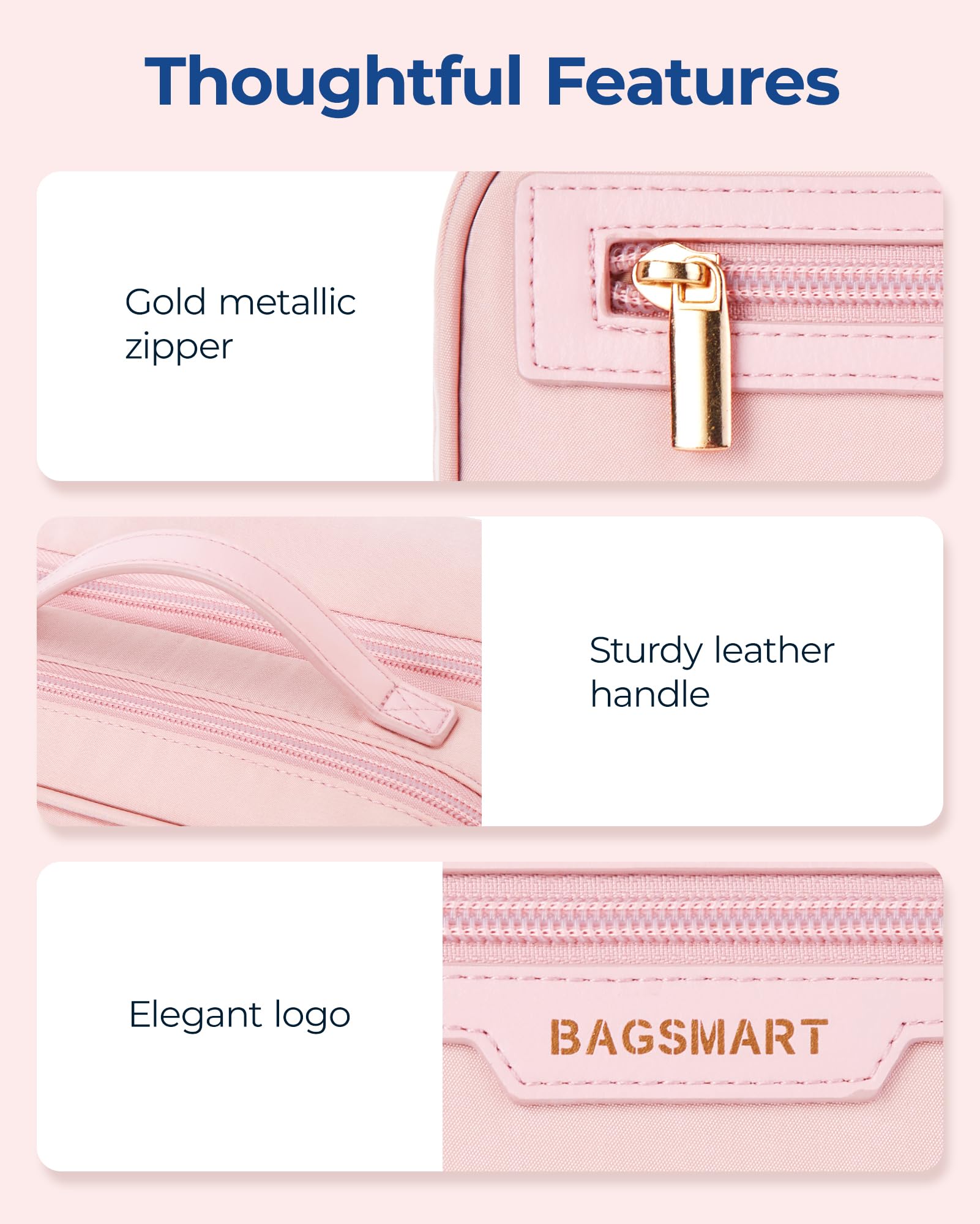 BAGSMART Travel Makeup Bag Large Capacity Cosmetic Bag, Wide-open Portable Make Up Bag Organizer for Women for Travel Essentials Travel-Size Toiletries Accessories Bottles, Brushes, Pink