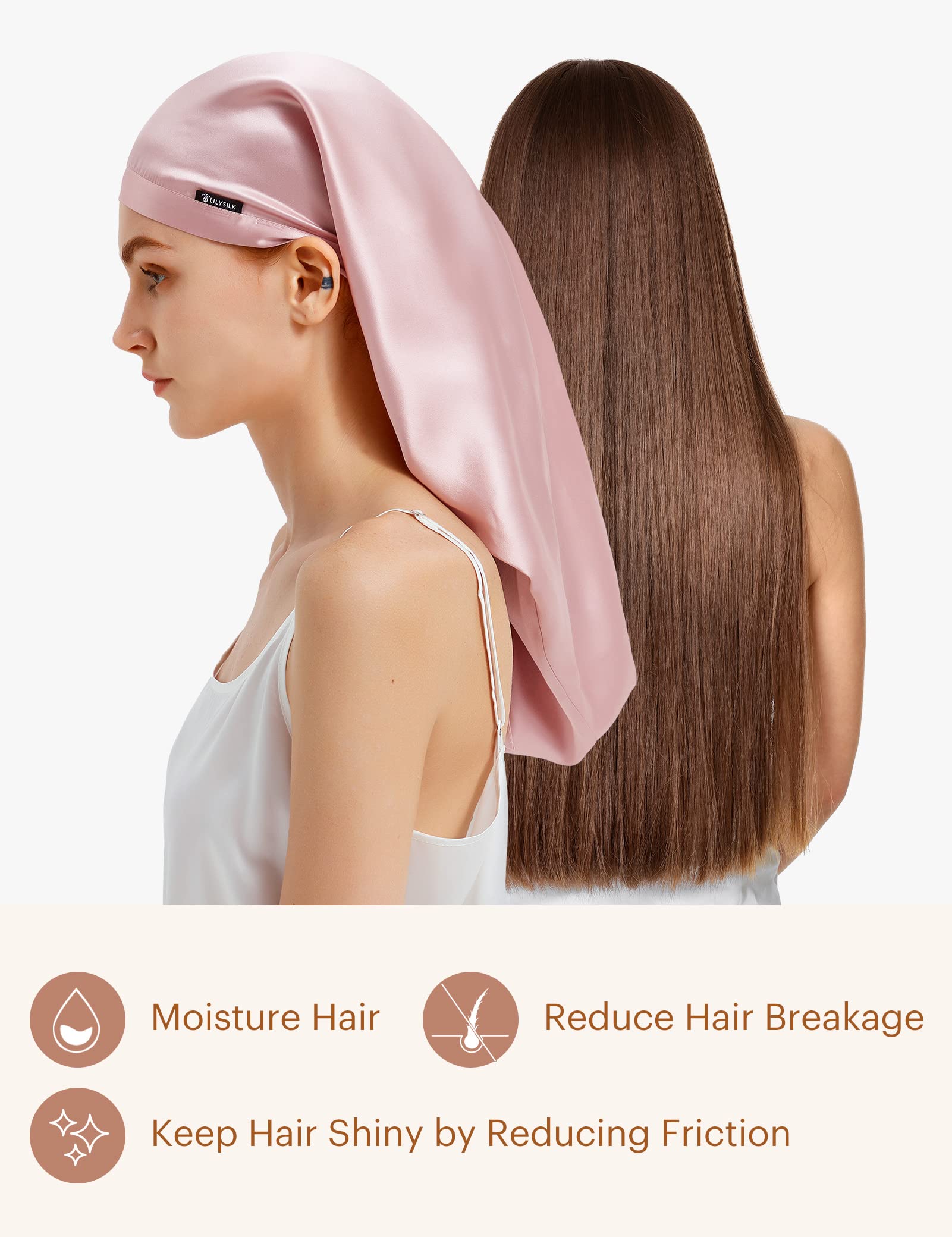 LilySilk Mulberry Silk Sleep Cap 100% 19 Momme Long Silk Bonnet for Curly Hair, Night Cap for Sleeping, Silk Hair Wrap for Women Rosy Pink