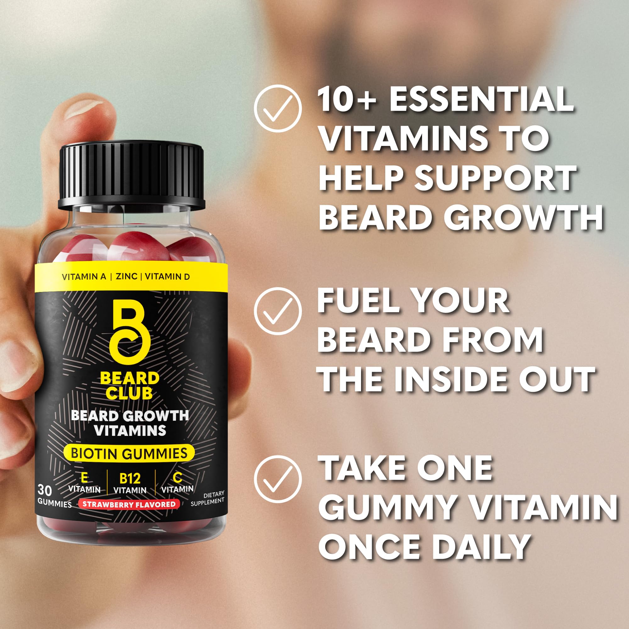 The Beard Club Biotin Beard Growth Vitamin Gummies - Beard and Hair Supplement for Men - Vitamins B12, E, & C to Support a Thicker Fuller Looking Beard - Mens Beard Care - Strawberry Gummy
