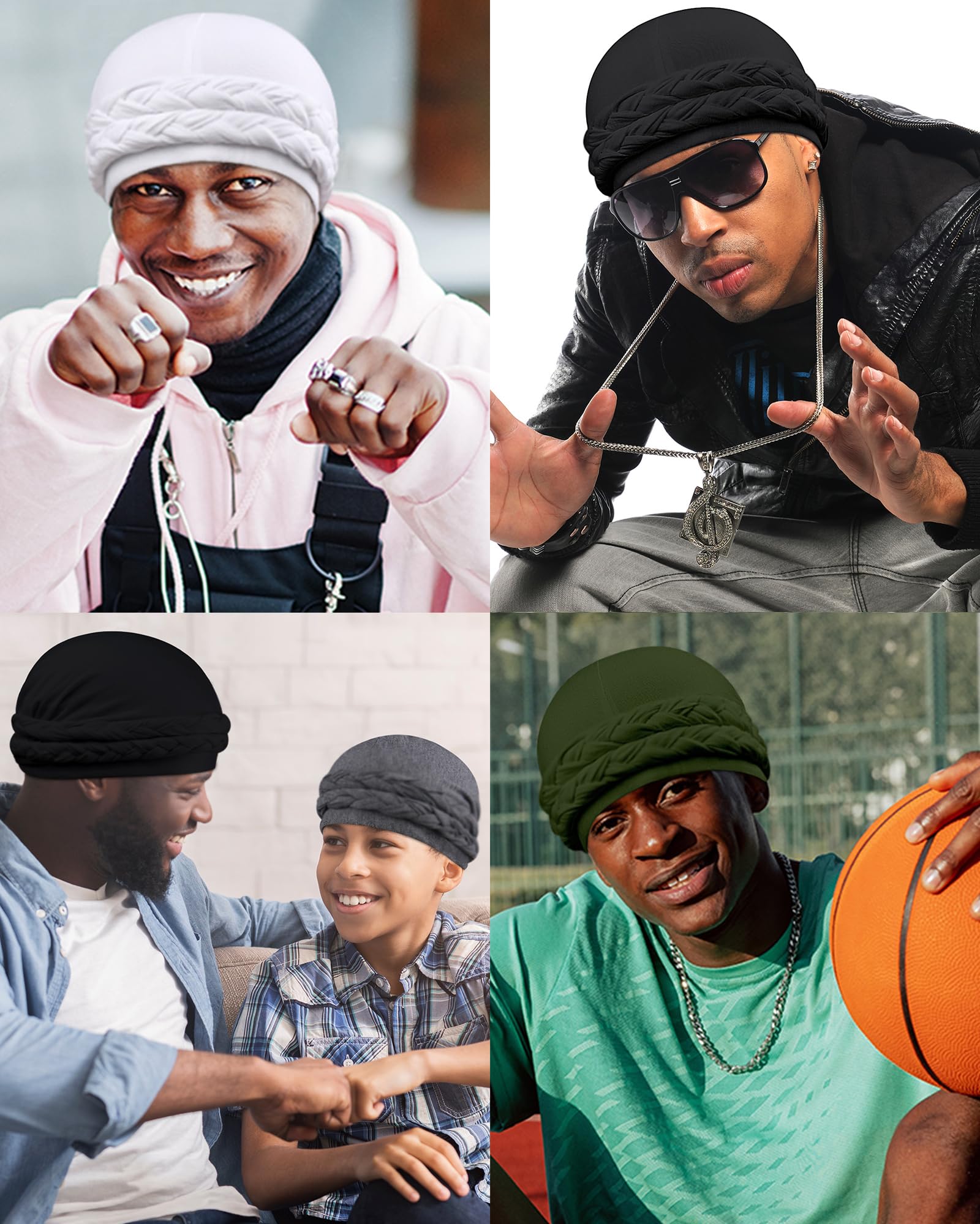 Babalet Halo Turban for Men Women Satin Lined Durag Skull Cap Pre-Tied Handmade Braids Tail Beanie Sleeping Bonnet,Black/Grey,2PCS