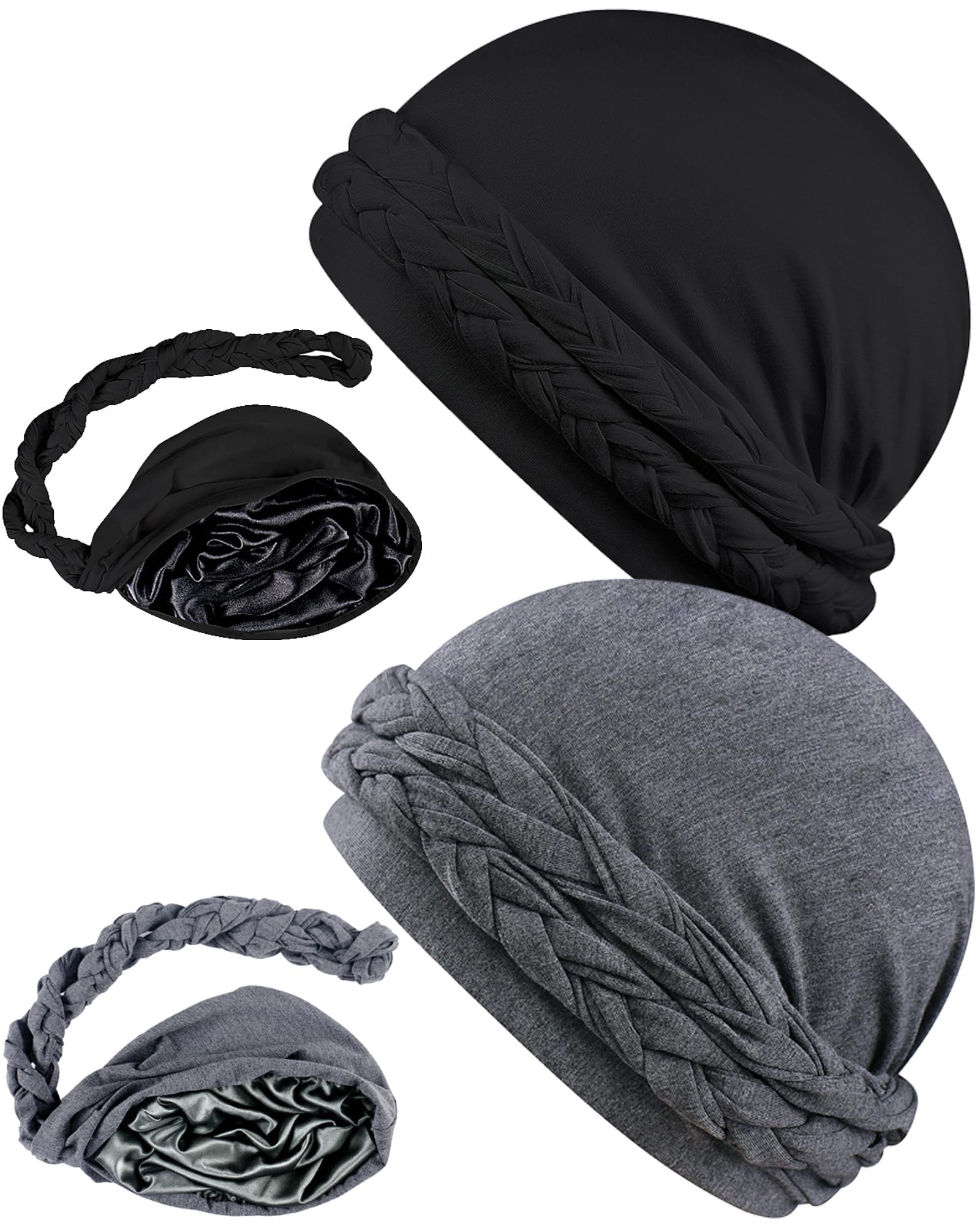 Babalet Halo Turban for Men Women Satin Lined Durag Skull Cap Pre-Tied Handmade Braids Tail Beanie Sleeping Bonnet,Black/Grey,2PCS