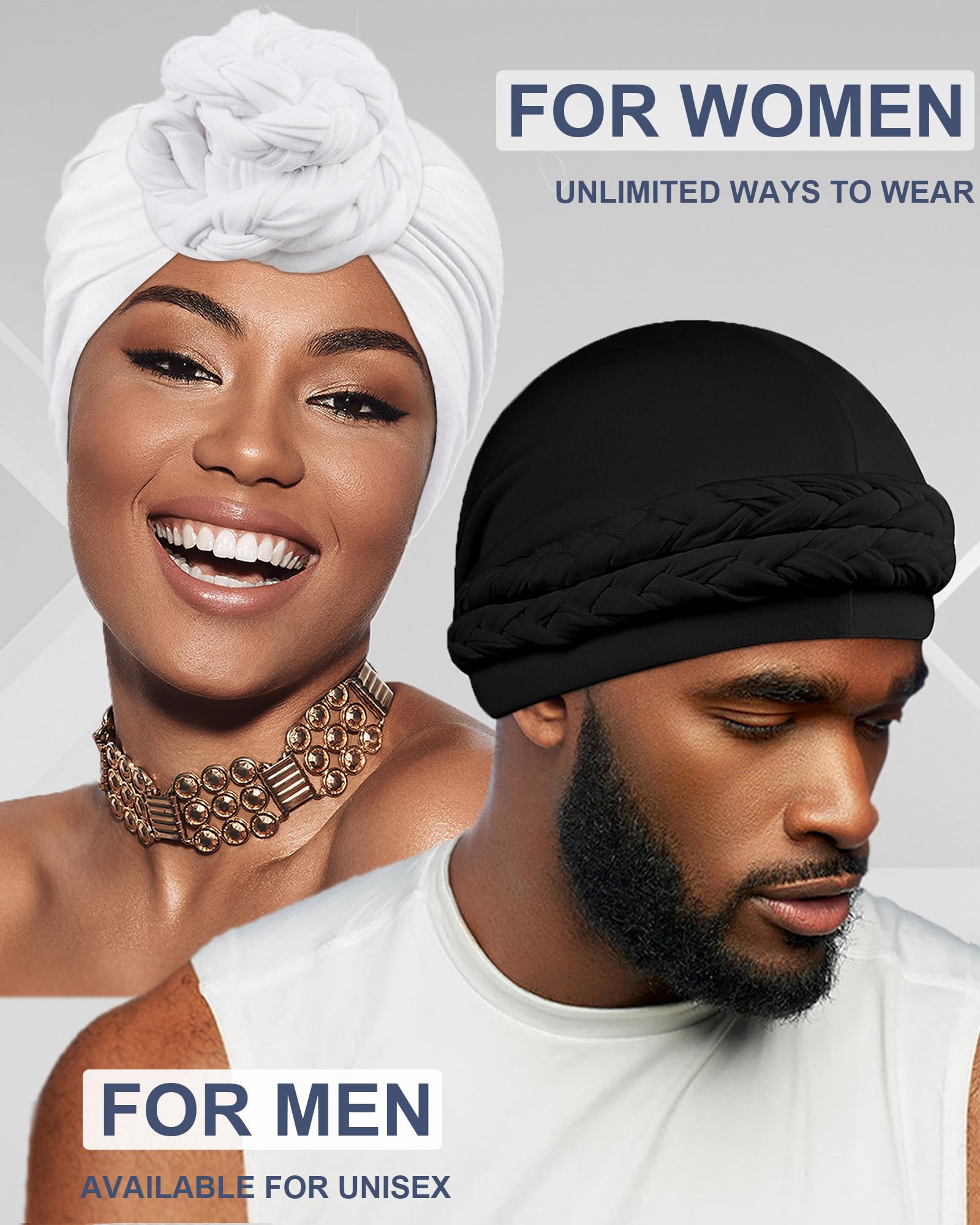 Babalet Halo Turban for Men Women Satin Lined Durag Skull Cap Pre-Tied Handmade Braids Tail Beanie Sleeping Bonnet,Black/Grey,2PCS